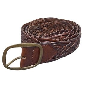 Braided Leather‎ Belt Brown Brass Buckle Bonded Size L Woven Classic Style